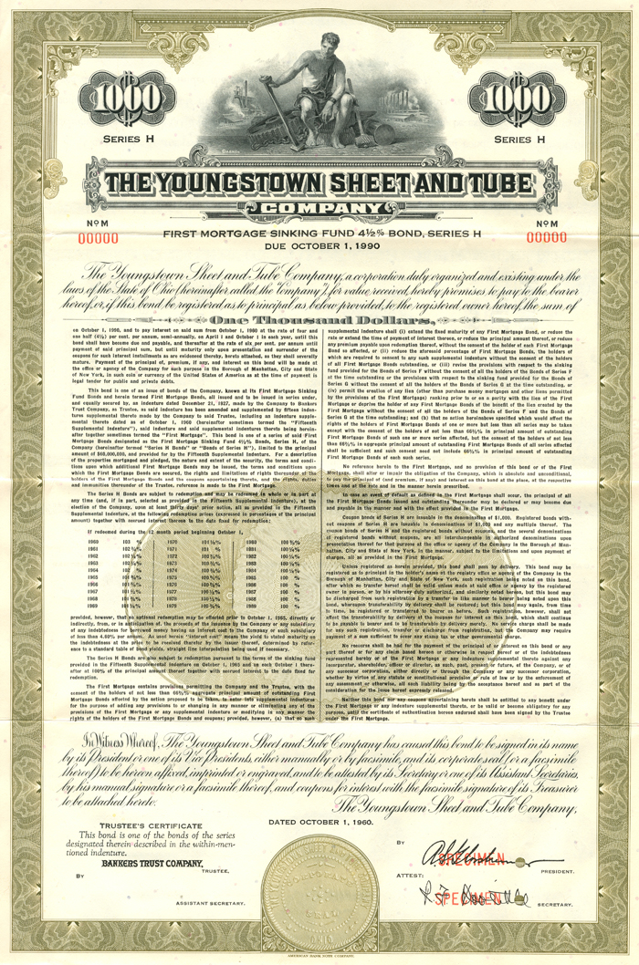 Youngstown Sheet and Tube Co. $1000 Bond